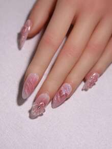 100% Handmade Press On Nails 3D Floral And Bow Knot Nail Decoration Blush Ombre Rose Pink Manual Nails Almond 10pcs Fake Nail Tips Reusable Nail Art Design Nail Products For Women And Girls Nail Supplies - Pink - View 3