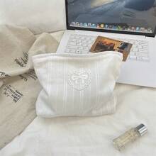 Large Capacity Women's Makeup Bag/Organizer Pouch, Casual Compact Zipper Travel Clutch, Heart & Bow Embroidery Cosmetic Bag, Toiletry Bag, Travel Essential, Cruise Essential, Vacation Essential, Unisex