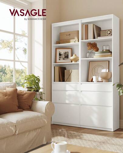VASAGLE Bookshelf, Bookcase, With 3 Differently Sized Drawers, Adjustable Shelves, 180 Cm Tall, For Living Room, Bedroom, Home Office, Modern, Space-Saving, White LBC188W01