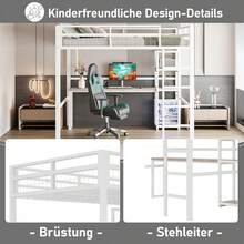 Hochbett 140x200 cm in Schwarz | Eisenrahmen mit Einlegeböden & Schreibtisch | Steckdose+USB-C & Sicherheitsgeländer | Mit Trittleiter ohne Matratze