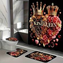 4pcs King And Queen Pattern Shower Curtain Set, High-Quality Home Decor With Shower Curtain And Rug, Polyester Fabric, Machine Washable, Includes Hooks, For Bathroom Decoration, Shower Curtain Set - Nhiều màu - Xem 4