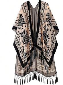Women's Burnout Velvet Kimono Long Cardigan Cover With Tassel - 黑色/米色 - 查看 12