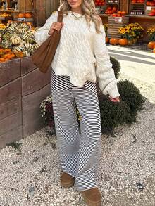 Comfortable Women's Cable Knit Long Sleeve Off-Shoulder Sweater, Ribbed Knit Pullover