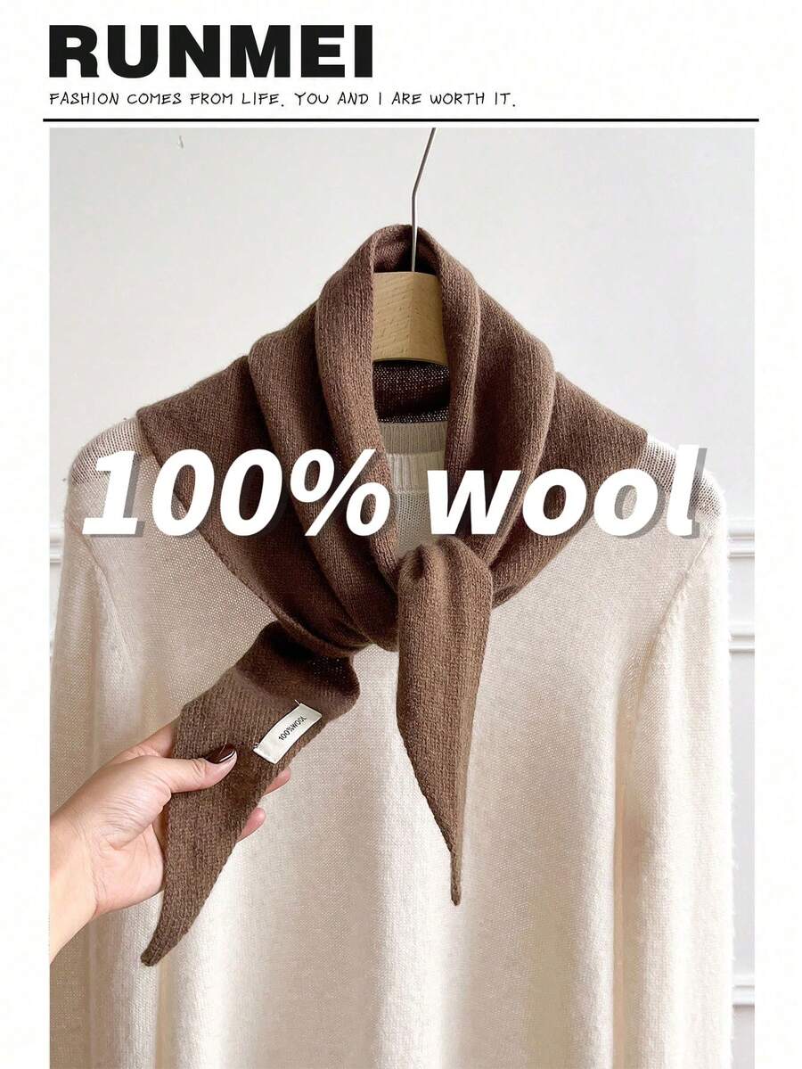 1条100%羊毛女士针织围巾，保暖冬季围巾，亮色纯色设计，厚实披肩，柔软三角羊绒领，2025新款，适合搭配连衣裙 - 咖啡棕 - 查看 1