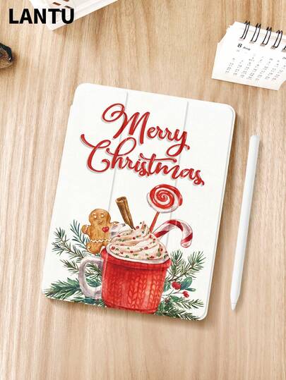 1pc Christmas Gingerbread Man & Slogan Pattern Flat Protective Case, Compatible With Apple IPad 10.2" / IPad Pro 11" 2020/2021, IPad (A16) 11" 11th Gen 2025, IPad 9th/10th Gen, IPad Air 4th 10.9", Galaxy Tab S6 Lite 10.4", /, Anti-Drop, With Pencil Slot, Sleep/Wake Support, Romantic Gift