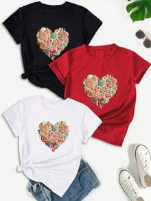 Camiseta casual de mujer, 100% algodón, con estampado gráfico de corazón, camiseta de manga corta con cuello redondo casual y cómoda, ropa de primavera y verano, adecuada para cualquier ocasión, color sólido, casual, uso diario. - Negro - Ver 1