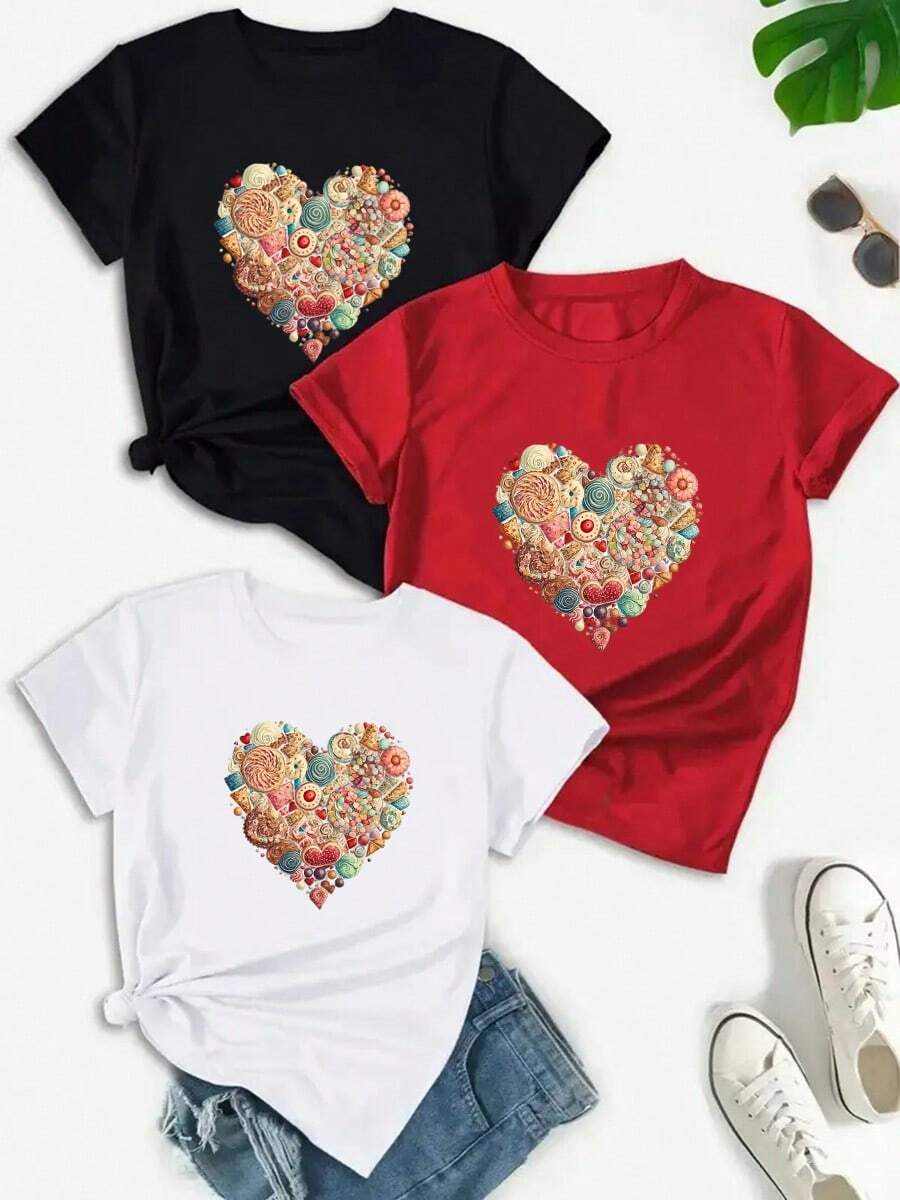 Camiseta casual de mujer, 100% algodón, con estampado gráfico de corazón, camiseta de manga corta con cuello redondo casual y cómoda, ropa de primavera y verano, adecuada para cualquier ocasión, color sólido, casual, uso diario. - Negro - Ver 1