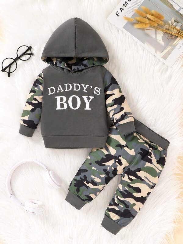 2pcs Baby Boy Soft Comfortable Cute Letter & Camouflage Print Patchwork Hoodie Top And Camouflage Print Contrast Color Pants Set, Suitable For Casual, Daily, Holiday, Party