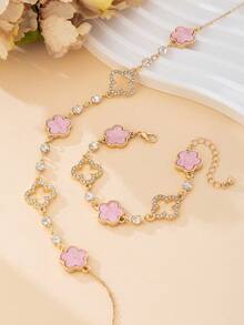 一套浪漫、精致、奢华、优雅、甜美、幸运谷四叶草和五叶草吊坠项链和手链首饰套装（女士款） - 粉色 - 查看 3