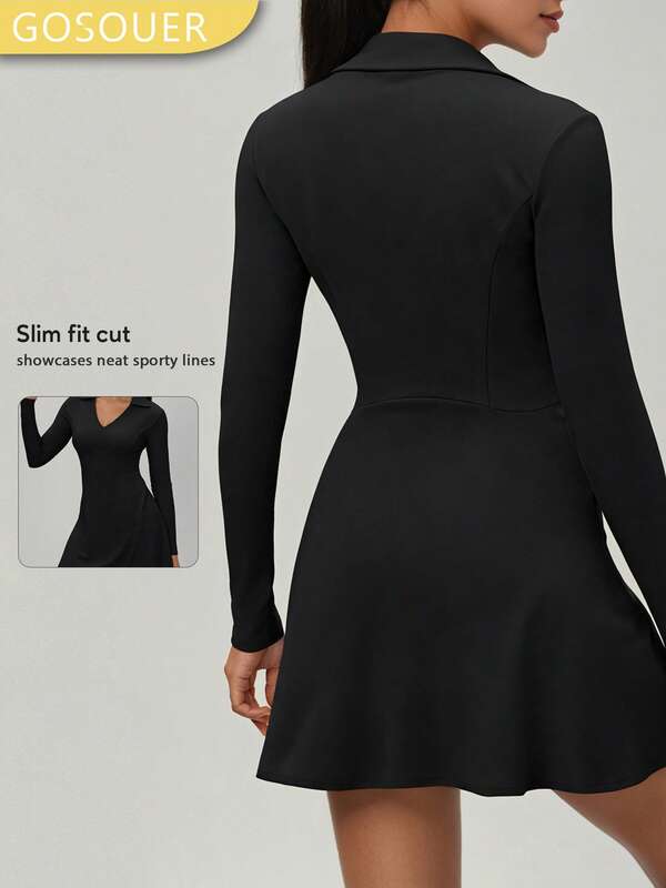 GOSOUER Women's Lapel Long Sleeve Tennis Skirt Dress V-Neck Waist Slimming Casual Fitness Workout Athletic Dress For Autumn Fall Winter