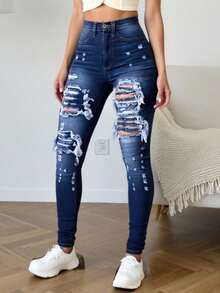 Pantalones vaqueros pitillo rasgados de cintura alta para mujer - Azul lavado oscuro - Ver 2