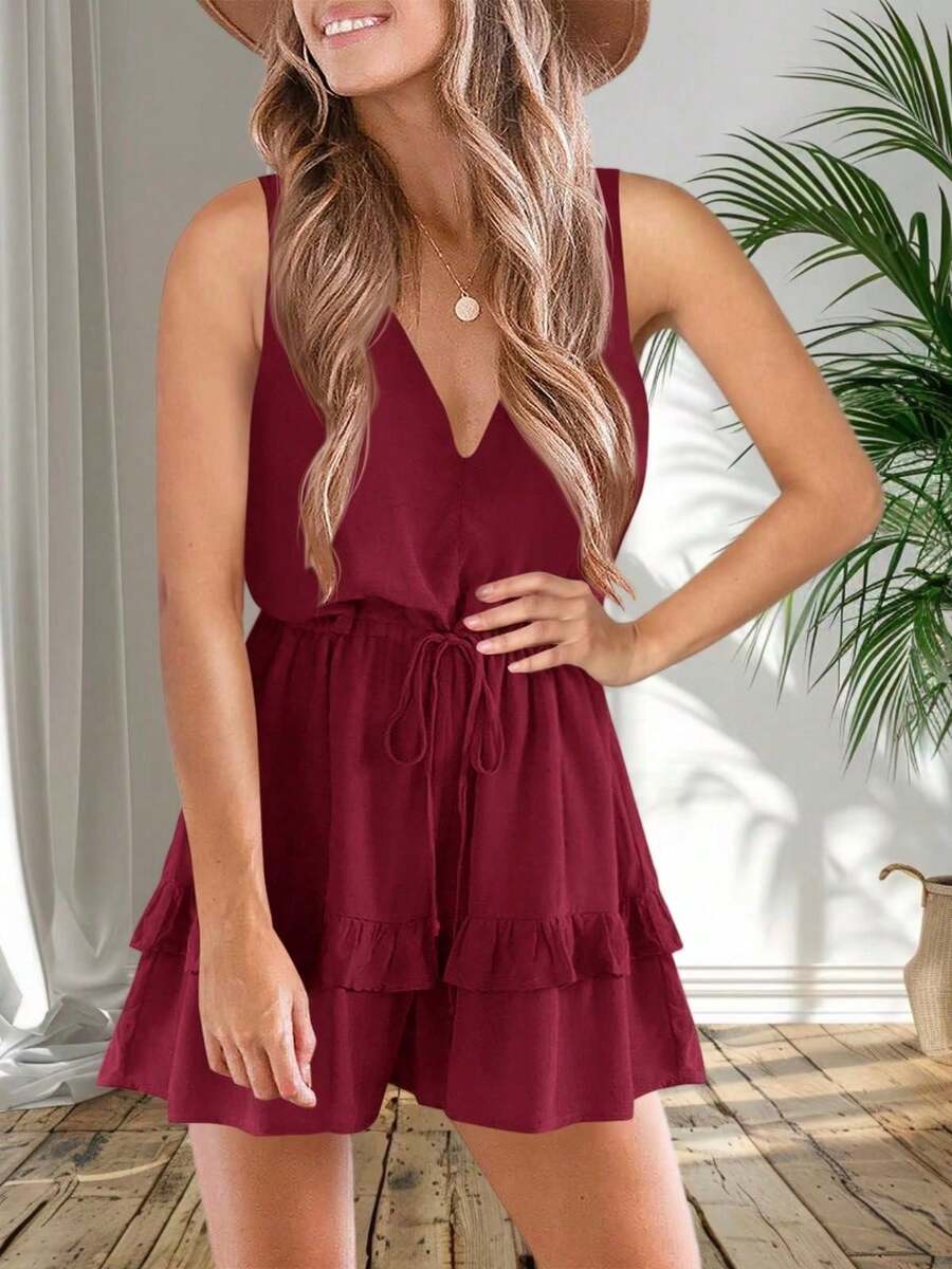 Womens V Neck Ruffle Layered Romper Flowy High Waist Sleeveless Jumpsuit - Màu Đỏ Sâu - Xem 1