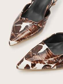 Women's Leaf Print Kitten Heel Shoes, Elegant Pointed Toe High Heels, Fashion Ankle Strap High Heels (Random Cut) - Brown - View 4