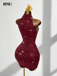 RNU Đầm ôm sát gợi cảm, hở lưng, màu đỏ tía đính sequin, co giãn, thích hợp cho hẹn hò, tiệc hóa trang, hộp đêm, dạo phố, ngày Valentine, sinh nhật năm mới, mùa xuân/hè/thu/đông. - Màu Đỏ Sâu - Xem 10