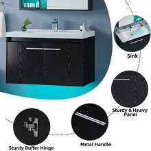 31" Floating Bathroom Vanity With Sink Combo, Wall Mounted Bathroom Vanity Cabinet With LED Light, 2-Door Bathroom Storage Cabinet For Small Bathroom, White/Grey/Black, (USB LED Strip) - 黑色 - 查看 3