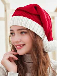 1/2/3pcs Santa Claus Red And White Fur Ball Hat, Holiday Celebration Woolen Hat, Christmas Striped Knitted Christmas Hat - Red - View 1