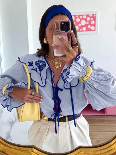 Urban Chic Cute Tie-Neck Ruffle Trim Bell Sleeve Blouse, Suitable For Singles' Party, Back To School Season, Holiday Outfits, Party Dresses, Halloween, Eid, Autumn Women's Wear