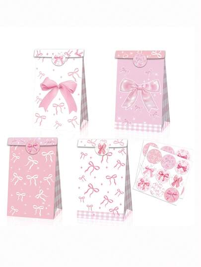 1/30pcs Cute And Beautiful Pink Bow Girls' Party Candy Gift Flat Kraft Paper Bag, Suitable For Valentine's Day And Daily Party Supplies