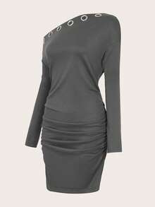 Women's Solid Color Asymmetrical Shoulder Mini Dress - Black - View 4