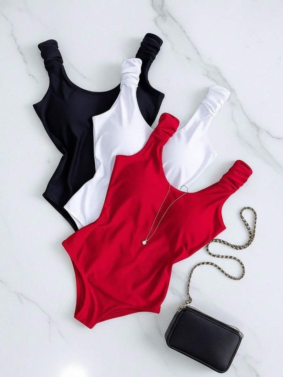 Kit 3 Basic Bodysuits With Thick Straps And Elastic With Discreet Neckline, Shapewear, Versatile Casual Fashion, Casual, Gringa Blogger - 黑-白-紅 - 查看 1