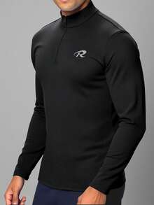 男士半拉链健身套头衫，适合锻炼、健身房、运动，长袖压缩肌肉贴身T恤 - 黑色 - 查看 3