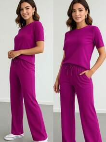 camiseta cuello redondo de hombros caídos y pantalones largos acampanados con cordón delantero y cintura alta moda casual cómoda - magenta - Ver 2