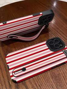 1pc Red & White Striped Textured Wristband, Colorful Pattern Phone Case, Shock-Absorbing Protective CoCompatible With Applephone 11, 12, 13, 14, 12 Pro Max, 13 Pro Max, 15, 15 Pro, 15 Plus, 15 Pro Max, 16, 16 Pro, 16 Plus, 16 Pro Max, 17, 17 Pro, 17 Air, 17 Pro Max, Holiday Gift - Multicolor - View 3