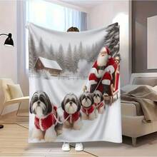 1pc Flannel Throw Blanket - Shih Tzu Dogs & Santa Sled Winter Scene - Soft Cozy All-Season Bedspread - Red & White Design - Washable Bed, Sofa, Office, Dorm, Car - Holiday Pet Lovers - Shih Tzu Dog Lover's Home Decor - Festive Pomeranian & Shih Tzu Print - Plush Flannel Fabric - Dust-Proof & Warm - Camping & Naps, Blankets - Multicolor - View 8