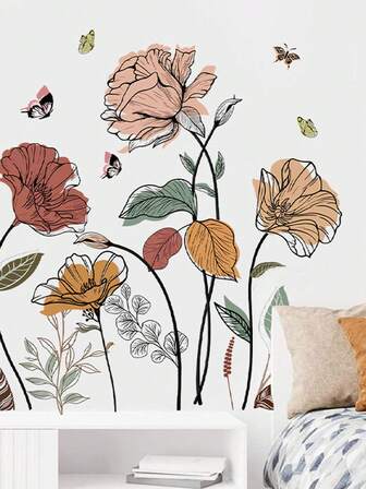 1 套 12 件波西米亚花卉墙贴，野花、草、水果和叶子，以及粘贴式墙贴艺术贴花，适用于客厅、卧室和电视墙