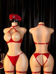 Bộ đồ lót gợi cảm 4 món dành cho nữ, thiết kế hở phía trước với dây đeo có thể điều chỉnh, bao gồm áo ngực gợi cảm, quần lót hở đáy có thể điều chỉnh và dây nịt đùi, thích hợp cho các bữa tiệc. - Màu Đỏ Sâu - Xem 1