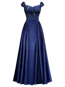 MIUSOL Sequin Floral Lace Sweetheart Neck Cap Sleeve Contrast Satin Formal Party Maxi Dress, Elegant Party Dress For Women, Formal Evening Gown, Prom Dress, For Easter, Mother Day, Wedding Guest, Graduation, Dinner - 藏蓝色 - 查看 7
