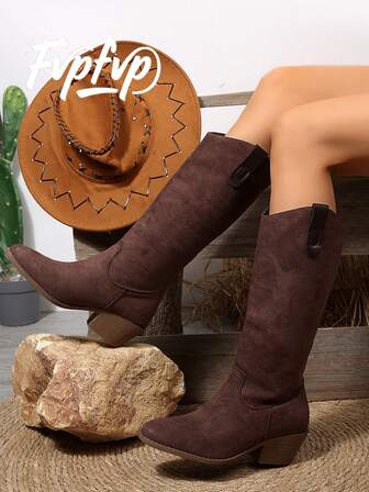FVPFVP Khaki Suede Chunky Heel Tall Boots, Women's Slouchy Boots, New 2025 High Heel Knee-High Boots, Brown Tall Boots