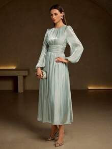 Vestido feminino verde oliva com manga comprida, cintura plissada e brilhante, corte A, elegante e versátil - Verde cinza - Ver 5