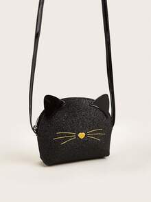 1pc Girls Cute Kitten Pattern Glitter Mini Half-Circle Crossbody Bag, Suitable For Daily Use As Gift - Black - View 3