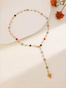 قلادة طويلة على شكل حرف Y للنساء، ذات طراز راقي وأنيق، مرصعة بأحجار كريستالية ملونة على شكل قلب، ذات لمعان معدني فريد، مناسبة للارتداء اليومي والحفلات والسهرات، هدية مميزة للمرأة