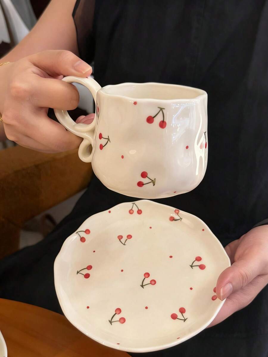Bộ cốc cà phê và đĩa lót bằng gốm sứ hình hoa anh đào, cốc hoa đỏ, cốc sữa và latte, cốc trà chiều, cốc nước, đĩa tráng miệng, cốc trà chiều tiệc tùng, đĩa đựng đồ ăn nhẹ, quà tặng cốc gốm sứ - Nhiều màu - Xem 1