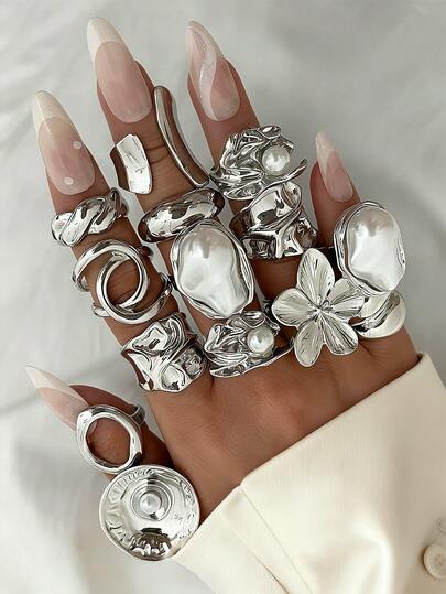 14/6pcs Set Elegant Vintage Delicate Party Style Asymmetric Pearl Ruffle Geometric Flower Metal Rings Set, Geometric Line Design, Suitable For Women's Daily, Party, Vacation Wear, Versatile Stackable, Perfect Gift For Holidays