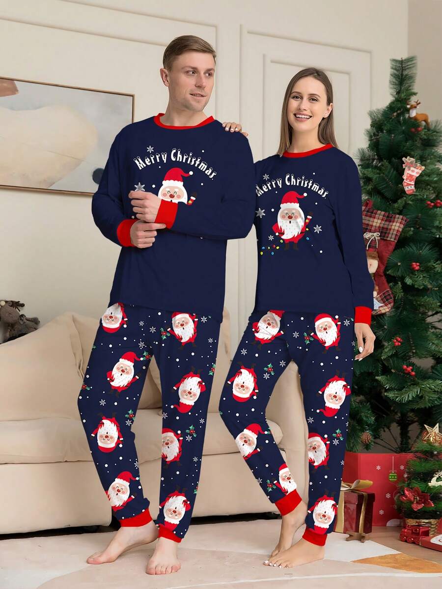 Lo Rrtta 2pcs Christmas Santa Claus Letter Blessing & Snowflake Random Print Men's Pullover Top And Pants Loungewear Set, Fall Winter Clothes - Multicolor - View 1