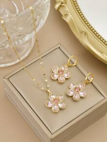 1 chiếc vòng cổ thép không gỉ hình hoa 5 cánh đính đá Cubic Zirconia màu hồng dễ thương và thanh lịch, 1 đôi bông tai thép không gỉ hình hoa 5 cánh đính đá Cubic Zirconia màu hồng dễ thương và thanh lịch, vòng cổ vàng, phụ kiện nữ, trang sức, quà tặng cho cô ấy, quà tặng sinh nhật, tiệc tùng, mùa hè - Màu Hồng baby - Xem 1