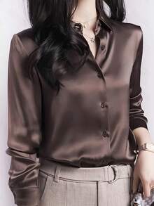 Women's Shiny Polyester Long Sleeve Shirt, Button Front Design, Classic Collar