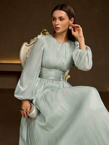 Vestido feminino verde oliva com manga comprida, cintura plissada e brilhante, corte A, elegante e versátil - Verde cinza - Ver 7