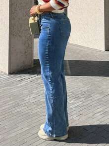 Jeans rectos casuales básicos con bolsillo incorporado para mujer - Azul lavado oscuro - Ver 3