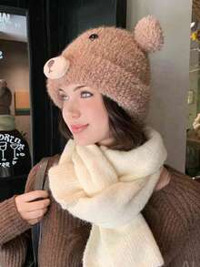 1pc Women Winter Knit Hat With Plush Bear Ears, Thick Warm Lining For Daily Use, Travel, Skiing, Outings,Summer,Beach - Multicolor - View 14