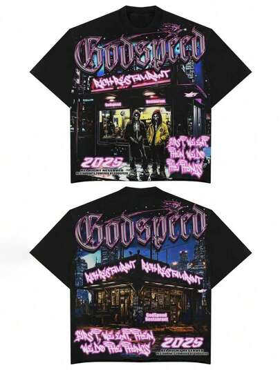 PC Double-Sided Graphic T-Shirt Black Casa Blanca Praying Hands Floral Print (220g Pure Cotton) Printing Round Neck Short Sleeve Men's Top Tees, Soft And Comfort T Shirt