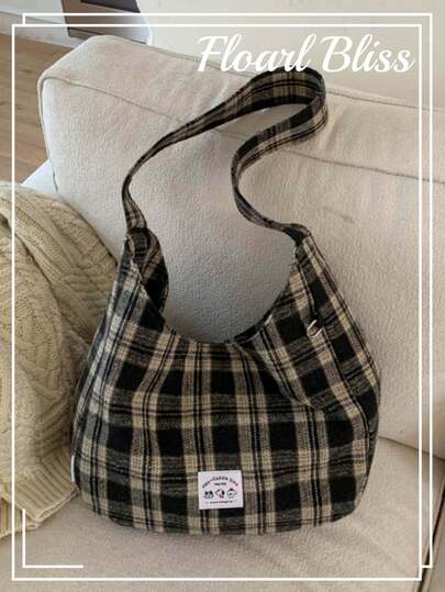 Autumn/Winter Fashion Plaid Woolen Handbag, New Korean Style Large Capacity Student Shoulder Bag