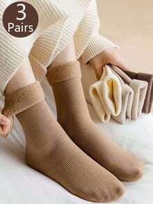 3 Pairs Of Women's Earth Color Snow Socks, Autumn And Winter Vertical Crew Socks, Fluffy Socks, And Warm Floor Socks With Wool Thickening, Suitable For Everyday Wear And Various Occasions,Random Color, Cozy Socks