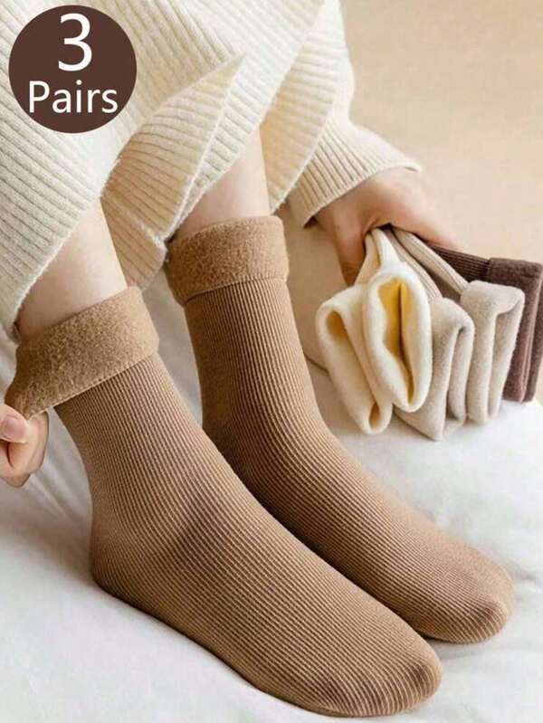3 Pairs Of Women's Earth Color Snow Socks, Autumn And Winter Vertical Mid-Tube Socks, Fluffy Socks, And Warm Floor Socks With Wool Thickening, Suitable For Everyday Wear And Various Occasions,Random Color