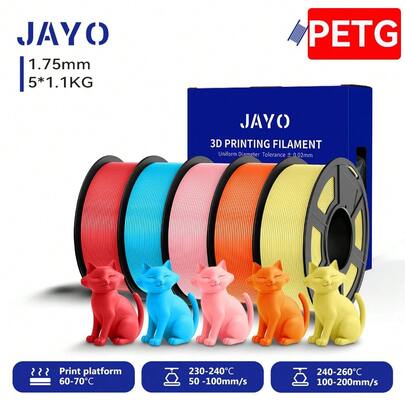 Filamento de impresora 3D transparente JAYO 3D PETG/PETG 1,75 ±0,02mm 5 /10 rollos de filamento bien herido de alta dureza que se adapta a la mayoría de las impresoras FDM