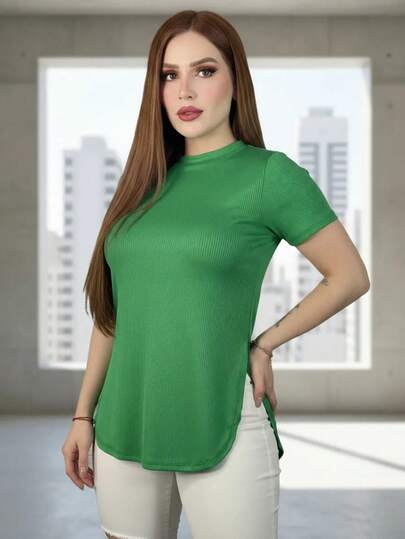 Blusa casual corte U tela Rib acanalada elástica, cuello redondo y aberturas laterales - Unitalla y Plus