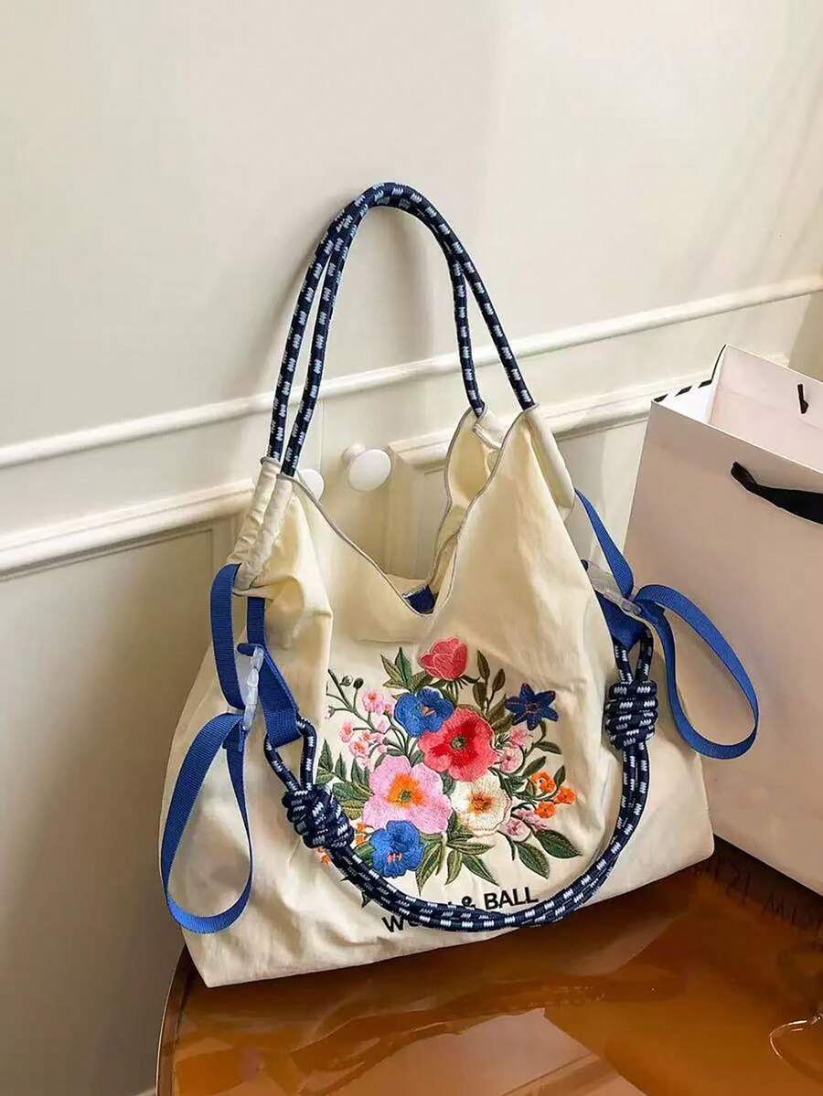 1个新款休闲刺绣花卉图案轻便尼龙大容量购物手提包，配有可调节肩带，适合通勤、购物、聚会等场合。 - 彩色 - 查看 1